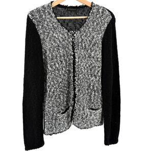 Donna Karan New York Black White Tweed Colorblock Cardigan Sweater